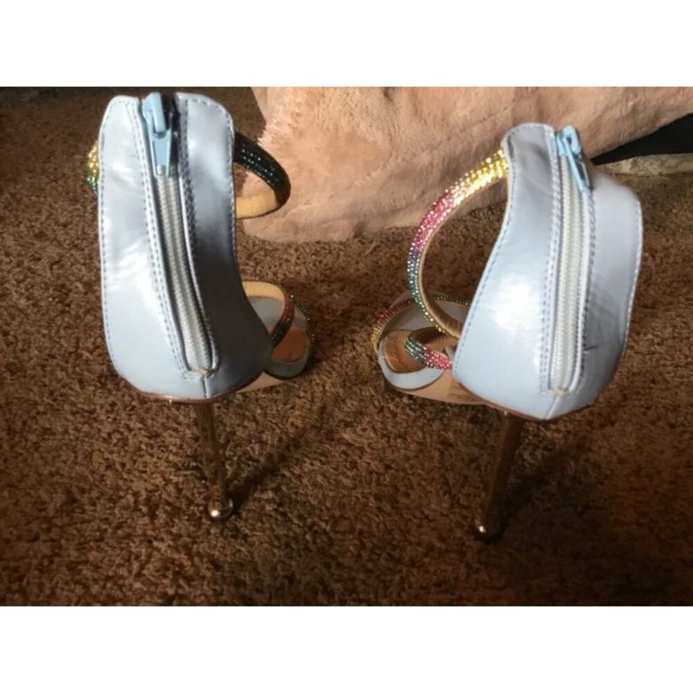 Y2K Rainbow Rhinestone Pastel Blue Stiletto Sandal Heels Size 10 - Picture 4 of 12
